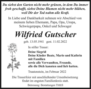 Traueranzeige von Wilfried Gutscher  von Magdeburger Volksstimme