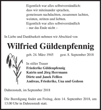 Traueranzeige von Wilfried Güldenpfennig  von Magdeburger Volksstimme