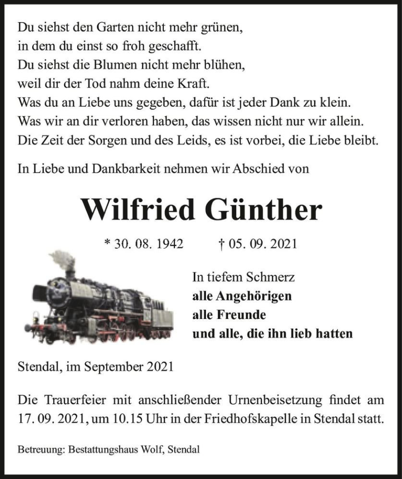  Traueranzeige für Wilfried Günther  vom 11.09.2021 aus Magdeburger Volksstimme