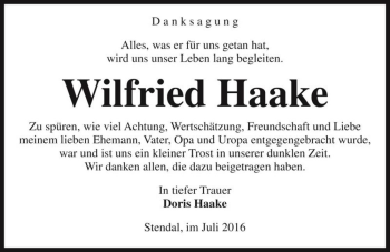 Traueranzeige von Wilfried Haake  von Magdeburger Volksstimme