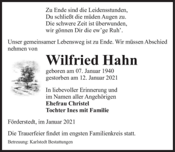 Traueranzeige von Wilfried Hahn  von Magdeburger Volksstimme