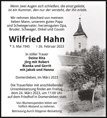 Traueranzeige von Wilfried Hahn  von Magdeburger Volksstimme
