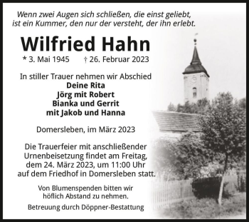 Traueranzeige von Wilfried Hahn  von Magdeburger Volksstimme