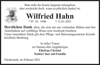 Traueranzeige von Wilfried Hahn  von Magdeburger Volksstimme