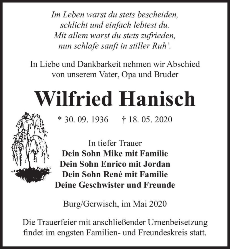  Traueranzeige für Wilfried Hanisch  vom 30.05.2020 aus Magdeburger Volksstimme