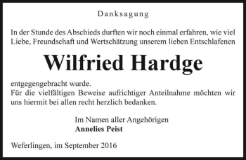 Traueranzeige von Wilfried Hardge  von Magdeburger Volksstimme