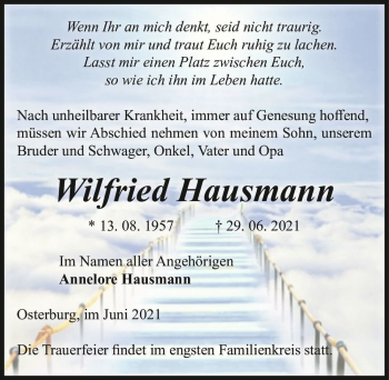 Traueranzeige von Wilfried Hausmann  von Magdeburger Volksstimme