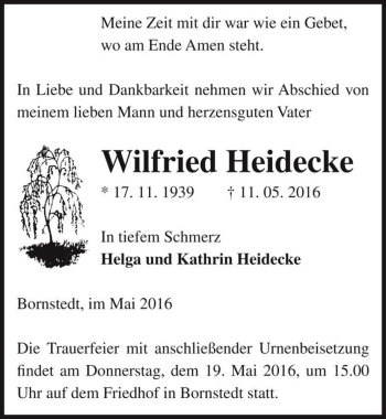 Traueranzeige von Wilfried Heidecke  von Magdeburger Volksstimme