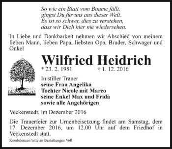Traueranzeige von Wilfried Heidrich  von Magdeburger Volksstimme