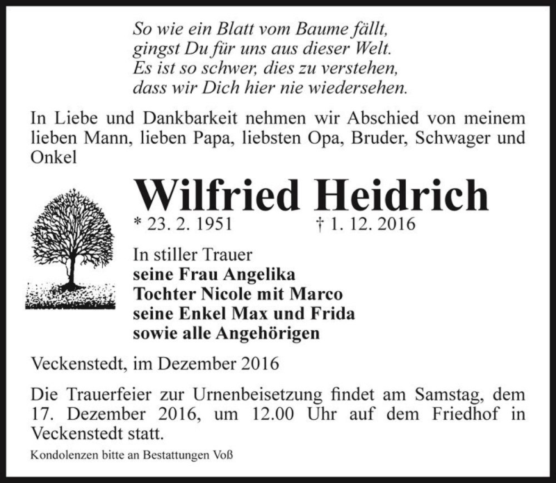  Traueranzeige für Wilfried Heidrich  vom 10.12.2016 aus Magdeburger Volksstimme