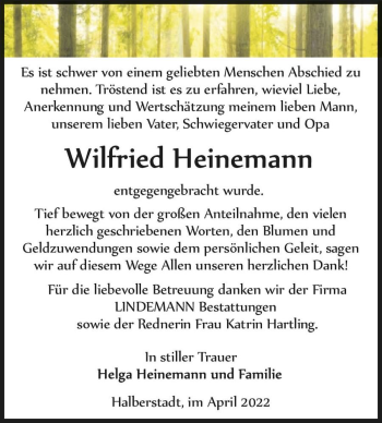 Traueranzeige von Wilfried Heinemann  von Magdeburger Volksstimme