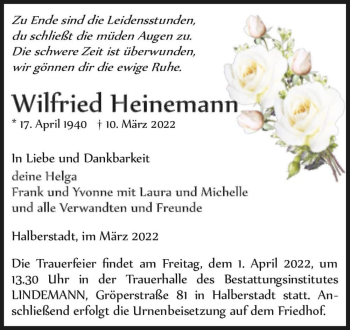 Traueranzeige von Wilfried Heinemann  von Magdeburger Volksstimme