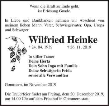 Traueranzeige von Wilfried Heinke  von Magdeburger Volksstimme
