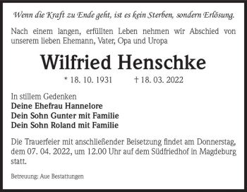 Traueranzeige von Wilfried Henschke  von Magdeburger Volksstimme