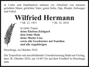 Traueranzeige von Wilfried Hermann  von Magdeburger Volksstimme
