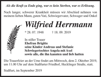 Traueranzeige von Wilfried Herrmann  von Magdeburger Volksstimme