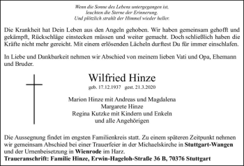 Traueranzeige von Wilfried Hinze  von Magdeburger Volksstimme