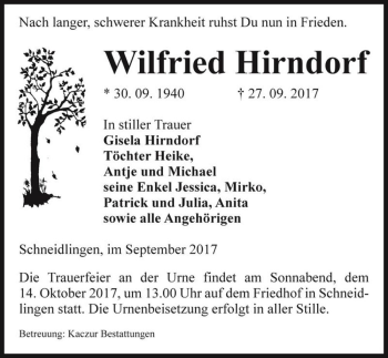 Traueranzeige von Wilfried Hirndorf  von Magdeburger Volksstimme