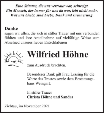 Traueranzeige von Wilfried Höhne  von Magdeburger Volksstimme