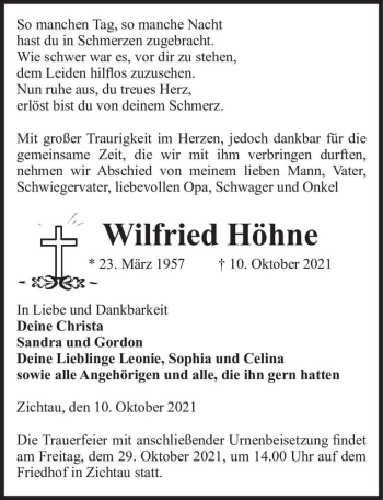 Traueranzeige von Wilfried Höhne  von Magdeburger Volksstimme