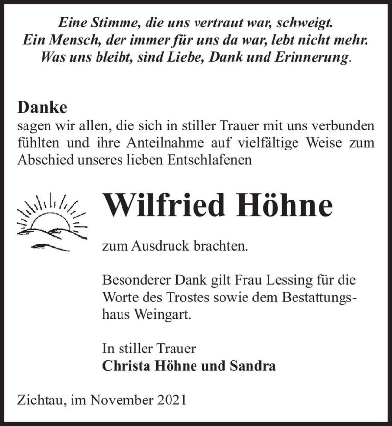  Traueranzeige für Wilfried Höhne  vom 05.11.2021 aus Magdeburger Volksstimme