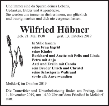 Traueranzeige von Wilfried Hübner  von Magdeburger Volksstimme