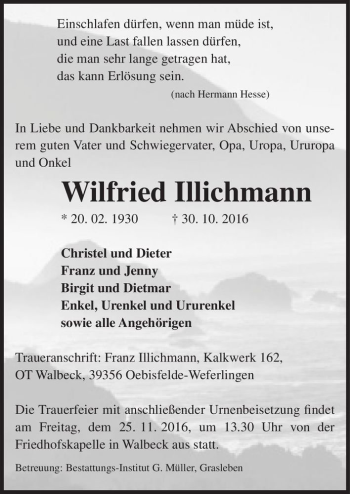 Traueranzeige von Wilfried Illichmann  von Magdeburger Volksstimme