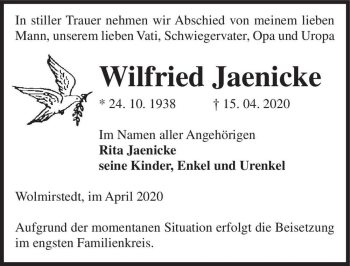 Traueranzeige von Wilfried Jaenicke  von Magdeburger Volksstimme