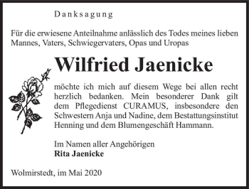Traueranzeige von Wilfried Jaenicke  von Magdeburger Volksstimme
