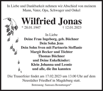 Traueranzeige von Wilfried Jonas  von Magdeburger Volksstimme