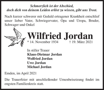 Traueranzeige von Wilfried Jordan  von Magdeburger Volksstimme