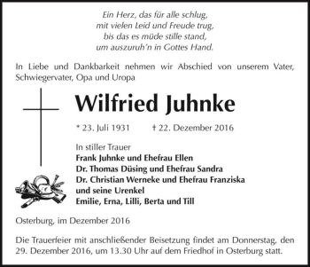 Traueranzeige von Wilfried Juhnke  von Magdeburger Volksstimme