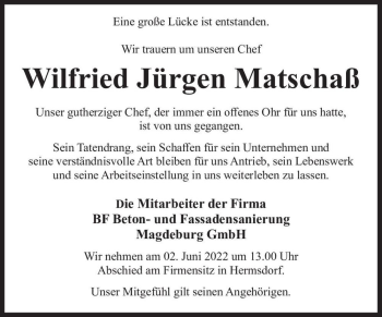 Traueranzeige von Wilfried Jürgen Matschaß  von Magdeburger Volksstimme