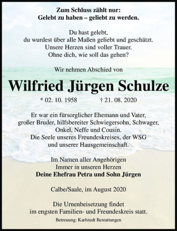 Traueranzeige von Wilfried Jürgen Schulze  von Magdeburger Volksstimme