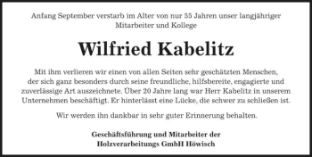 Traueranzeige von Wilfried Kabelitz  von Magdeburger Volksstimme