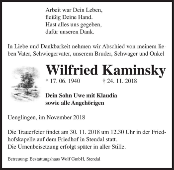 Traueranzeige von Wilfried Kaminsky  von Magdeburger Volksstimme