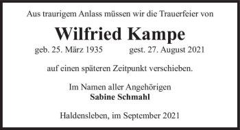 Traueranzeige von Wilfried Kampe  von Magdeburger Volksstimme