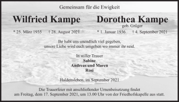 Traueranzeige von Wilfried Kampe und Dorothea Kampe (geb. Grüger)  von Magdeburger Volksstimme