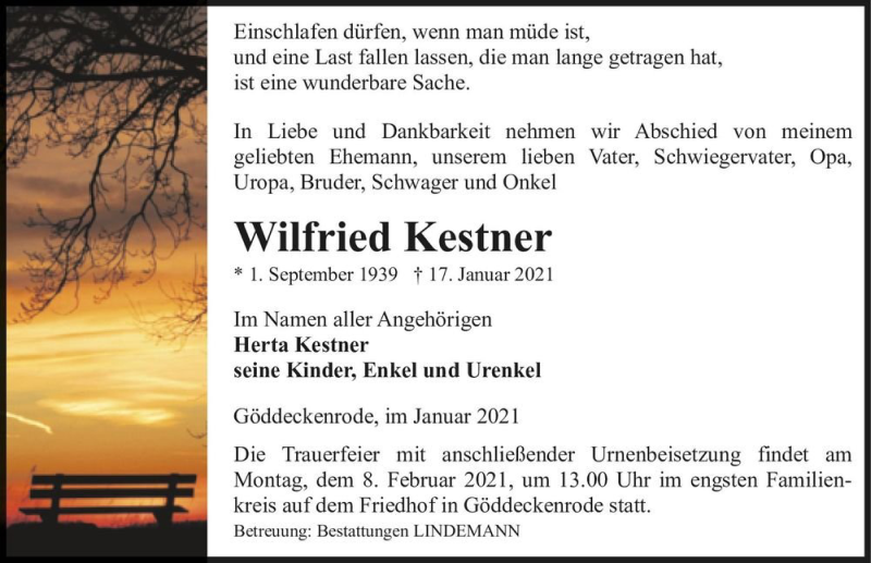  Traueranzeige für Wilfried Kestner  vom 23.01.2021 aus Magdeburger Volksstimme