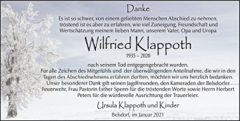 Traueranzeige von Wilfried Klapproth  von Magdeburger Volksstimme