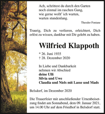 Traueranzeige von Wilfried Klapproth  von Magdeburger Volksstimme