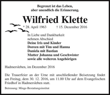 Traueranzeige von Wilfried Klette  von Magdeburger Volksstimme