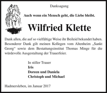 Traueranzeige von Wilfried Klette  von Magdeburger Volksstimme