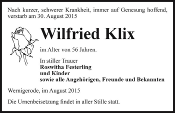Traueranzeige von Wilfried Klix  von Magdeburger Volksstimme