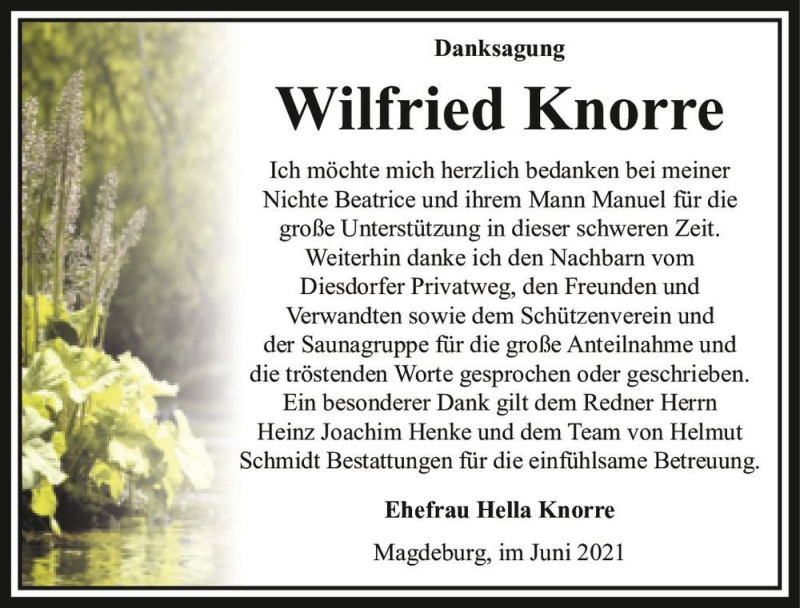  Traueranzeige für Wilfried Knorre  vom 26.06.2021 aus Magdeburger Volksstimme