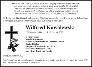 Traueranzeige von Wilfried Kowalewski  von Magdeburger Volksstimme