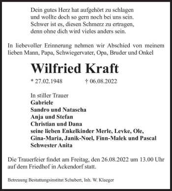 Traueranzeige von Wilfried Kraft  von Magdeburger Volksstimme