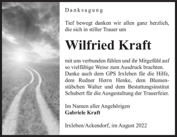 Traueranzeige von Wilfried Kraft  von Magdeburger Volksstimme