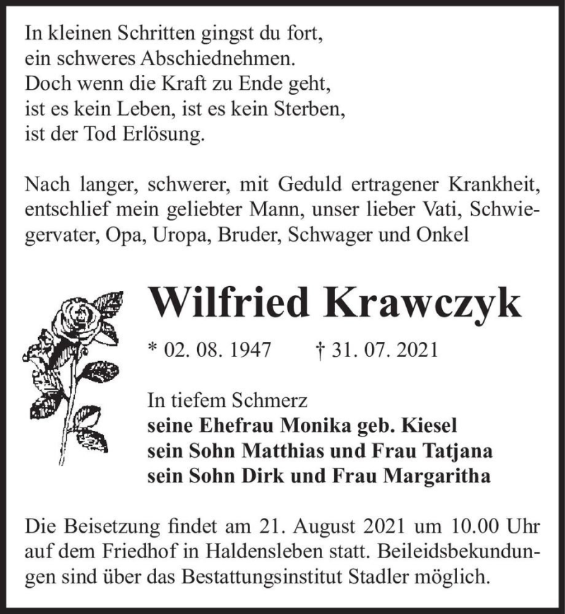  Traueranzeige für Wilfried Krawczyk  vom 07.08.2021 aus Magdeburger Volksstimme