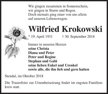 Traueranzeige von Wilfried Krokowski  von Magdeburger Volksstimme